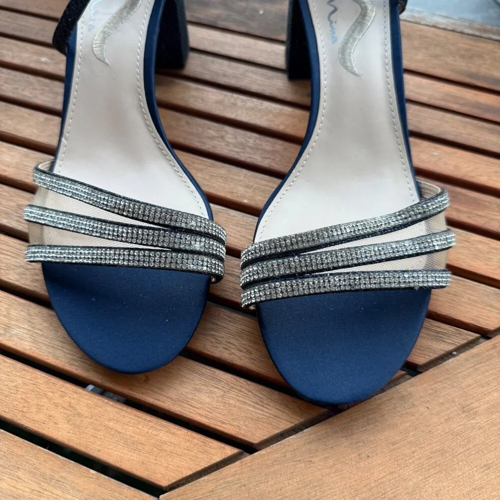 Nina Womens Navy Rhinestone Block Heel Sandals Size 9.5M - Picture 2 of 6